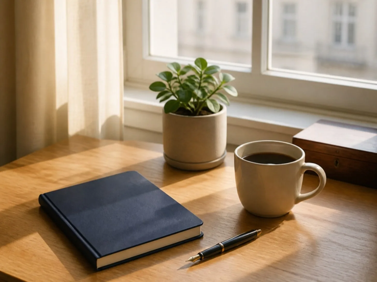 Escritorio con libreta y café