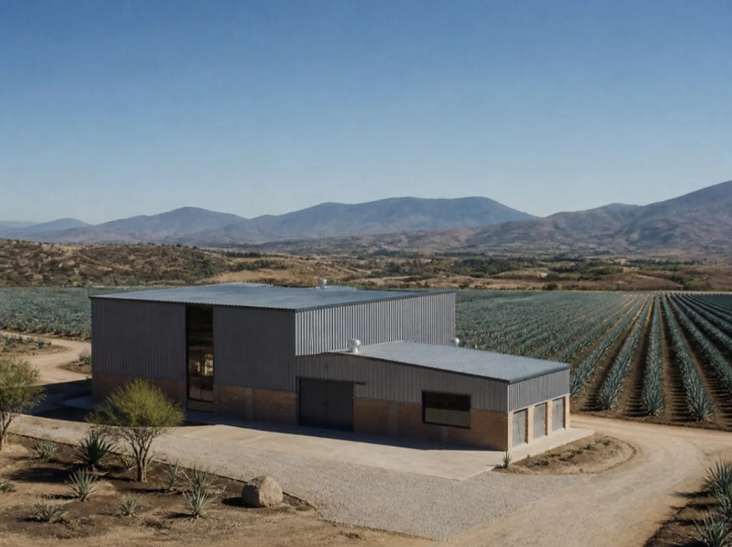 Nave agroindustrial con campos de agave