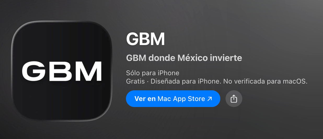 Aplicación móvil GBM: interfaz de fondo negro con letras blancas